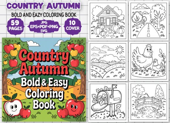 Country Autumn Bold Easy Coloring Book Graphics