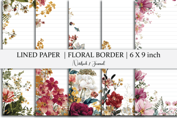 Notebook Lined Paper Floral Border Graphics for KDP Interiors